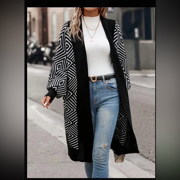 Sweaters - Elegant Geometric Pattern Knit Cardigan V-Neck, Long Sleeve, Open Front Sweater